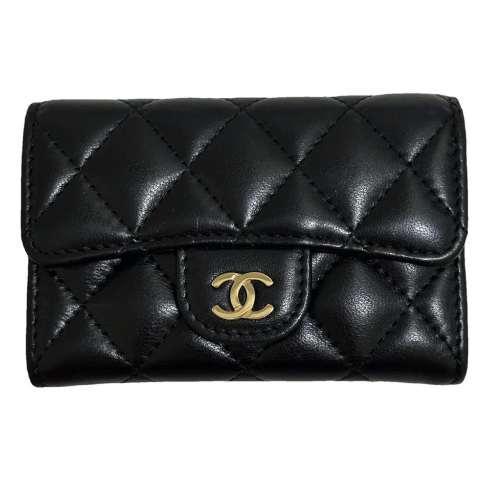 Chanel Quilted Black Wallet with Gold Logo